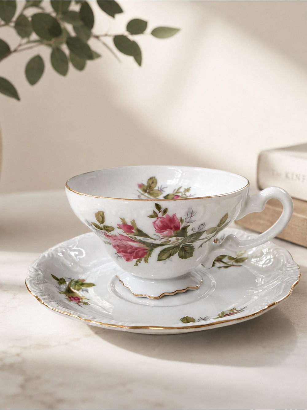 Vintage Cherry China Moss Rose Teacup and Saucer Set Gold Trim Made in Japan